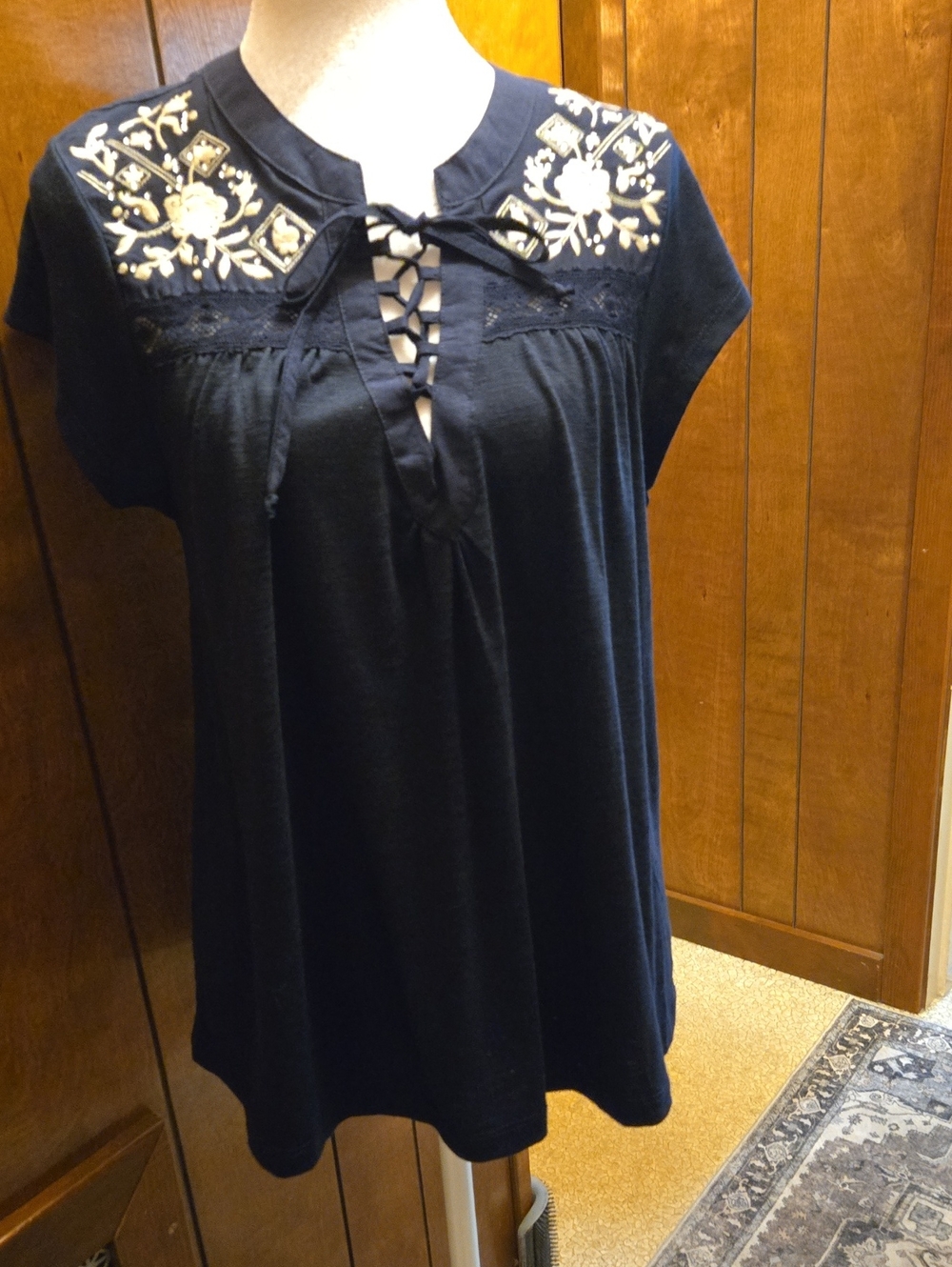 Embroidered Navy Women’s Peasant Top - Brand Unspecified